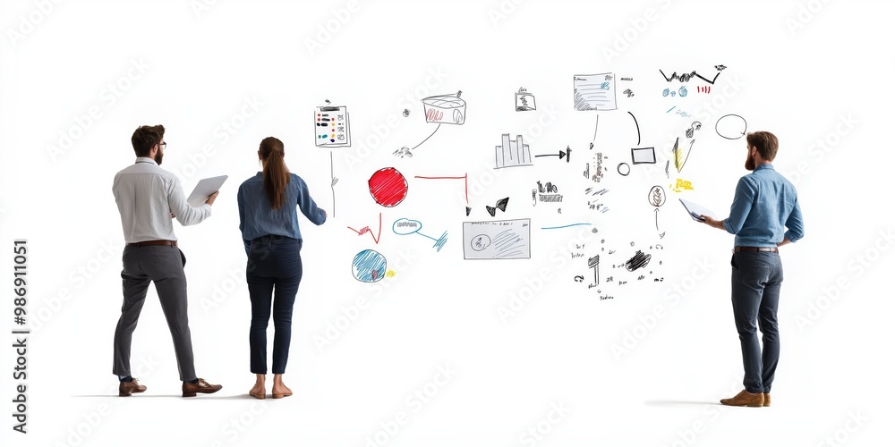 Fototapeta premium A team of three professionals brainstorming and drawing ideas on a whiteboard, collaborating on future projects.