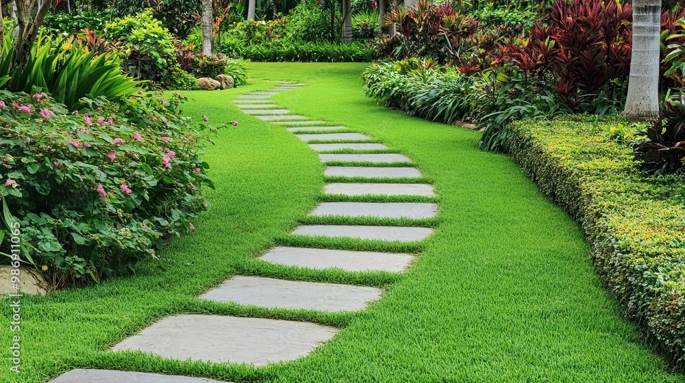 Garden Path Walkway on Green Grass: Pathway through a lush garden on green grass turf, showcasing a well-maintained outdoor space. Garden Path Walkway on Green Grass: Pathway through a lush garden on green grass turf, showcasing a well-maintained outdoor space.