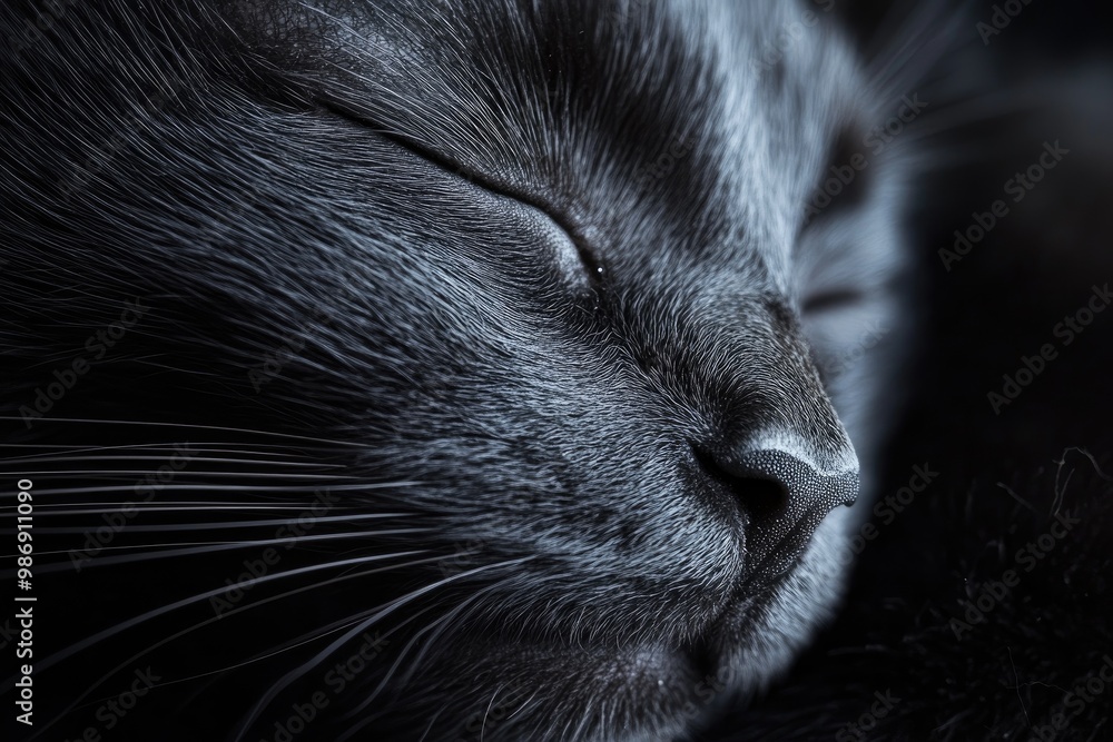 Close-up of a Sleeping Black Cat's Face with Whiskers Close-up of a Sleeping Black Cat's Face with Whiskers
