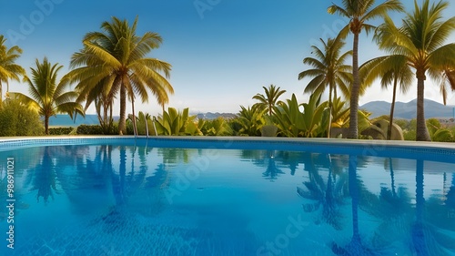 Beautiful Tropical Resort with a Crystal Blue Swimming Pool Surrounded by Palm Trees Under Clear Blue Sky