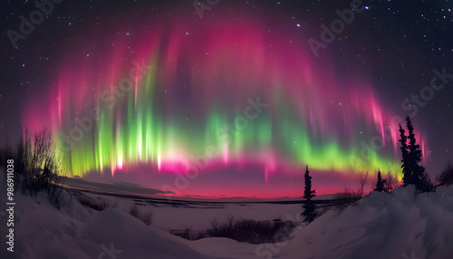 The Northern Lights illuminating the night sky with shades of green, pink, and purple over a snow-covered landscape