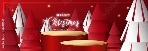 Festive Christmas Scene with a cylindrical podium for promotions. Red and White Christmas Trees
