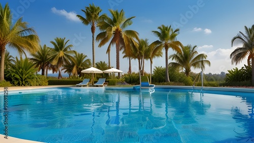 Beautiful Resort Poolside with Tall Palm Trees and Clear Blue Sky, Symbolizing Tropical Luxury and Relaxation