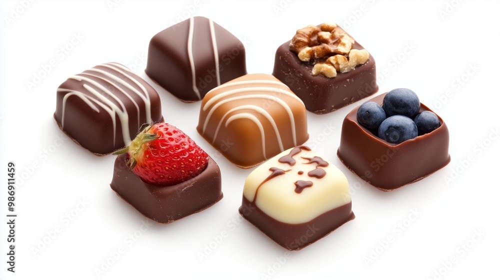 Assorted chocolates with fillings such as caramel, nuts, and fruit, each decorated with unique patterns, isolated on a white background. Assorted chocolates with fillings such as caramel, nuts, and fruit, each decorated with unique patterns, isolated on a white background.