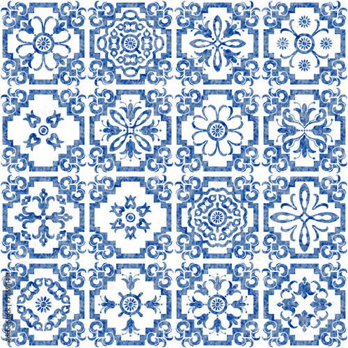 Patchwork seamless pattern of tiles with blue watercolor geometrical and floral ornaments 