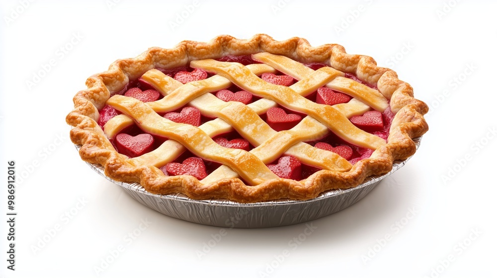 A strawberry rhubarb pie with heart-shaped cutouts in the crust, isolated on a white background. A strawberry rhubarb pie with heart-shaped cutouts in the crust, isolated on a white background.