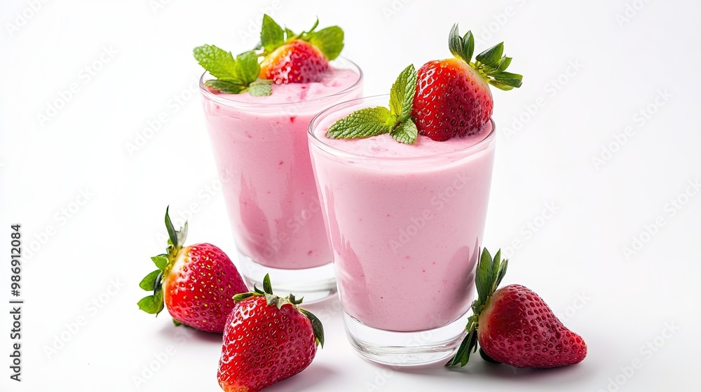 Glasses filled with fresh natural strawberry smoothie and yogurt, emphasizing energy and health benefits, isolated with white highlights for diet-focused content. Glasses filled with fresh natural strawberry smoothie and yogurt, emphasizing energy and health benefits, isolated with white highlights for diet-focused content.
