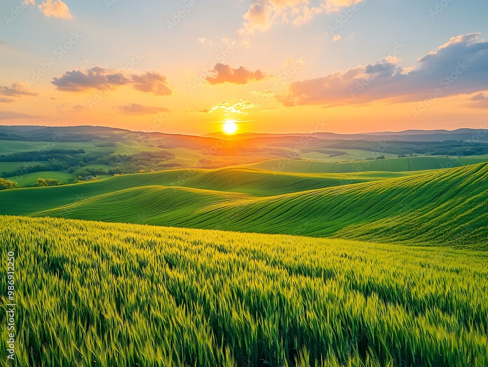 Obraz premium A breathtaking sunset over rolling green hills, with a field of vibrant wheat in the foreground.