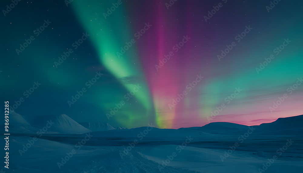 The Northern Lights illuminating the night sky with shades of green, pink, and purple over a snow-covered landscape The Northern Lights illuminating the night sky with shades of green, pink, and purple over a snow-covered landscape