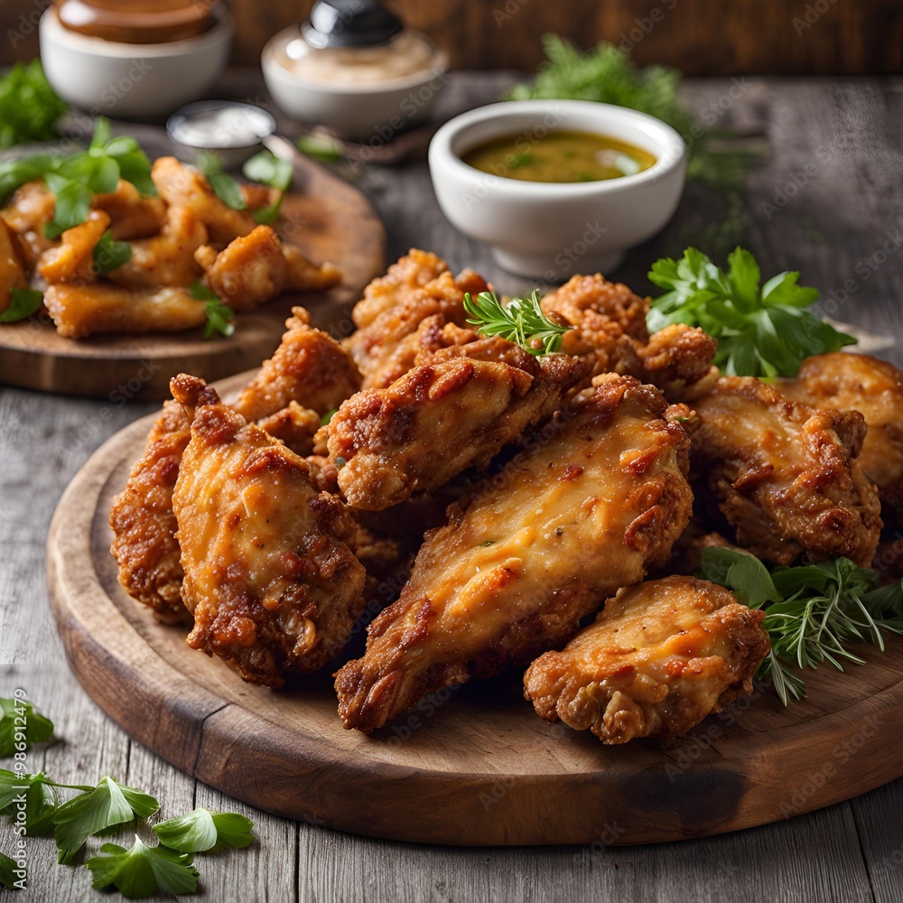 Crispy golden-brown fried chicken pieces on a rustic wooden platter with fresh herbs and tangy dipping sauce
Crispy golden-brown fried chicken pieces on a rustic wooden platter with fresh herbs and tangy dipping sauce