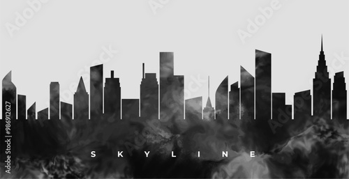 dark black skyline cityscape building with smoke effect