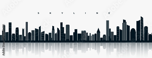 panoramic skyline city town building with reflection effect