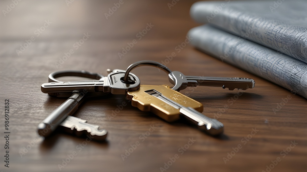 Close-Up of Golden House Keys Resting on a Wooden Surface, Symbolizing Property Ownership and Security Close-Up of Golden House Keys Resting on a Wooden Surface, Symbolizing Property Ownership and Security