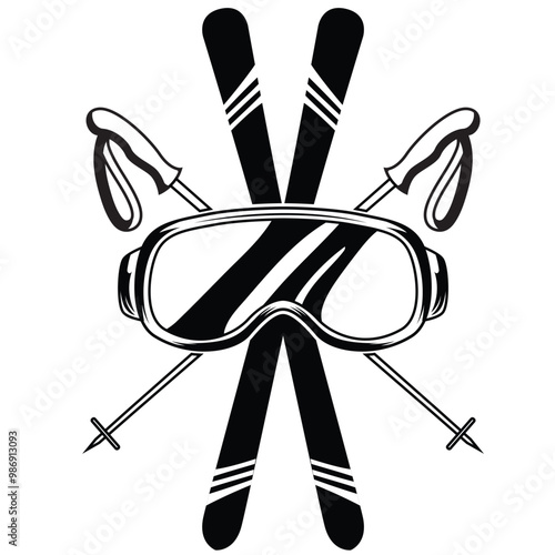 Ski sport emblem, logo with crossed ski poles and skis. Black and white team or sport club emblem design	