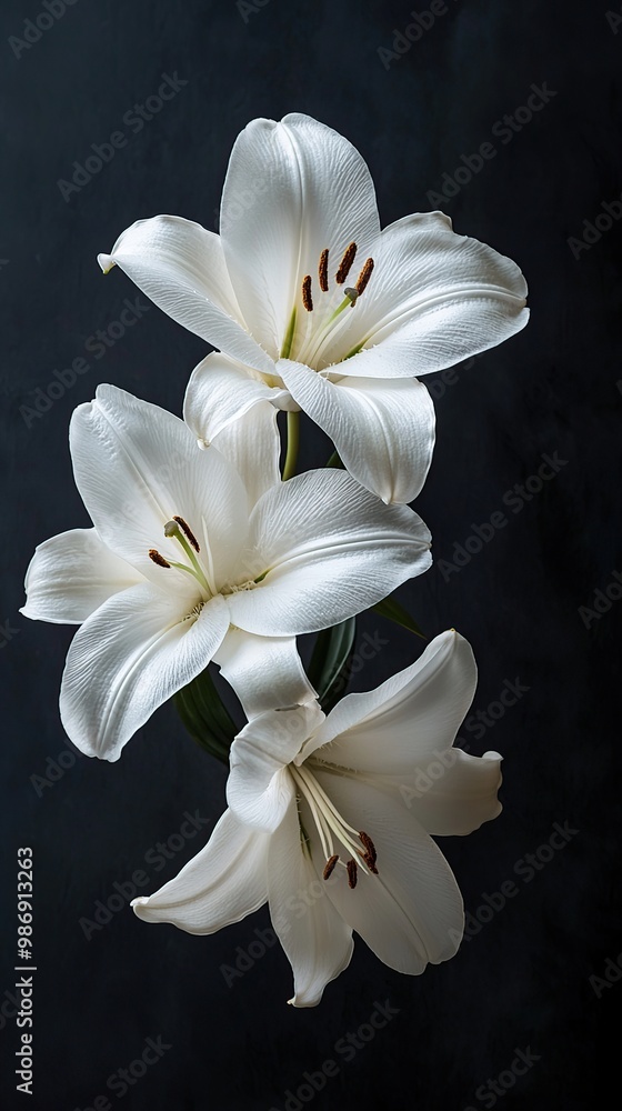 Fototapeta premium Three white lilies on a dark background, showcasing their delicate beauty.