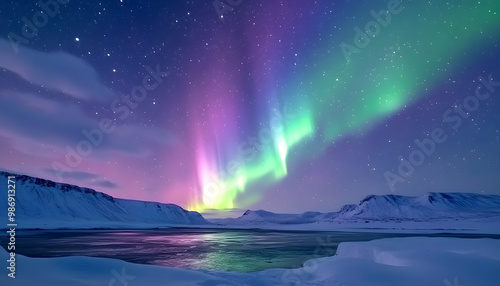 Wallpaper Mural The Northern Lights illuminating the night sky with shades of green, pink, and purple over a snow-covered landscape Torontodigital.ca