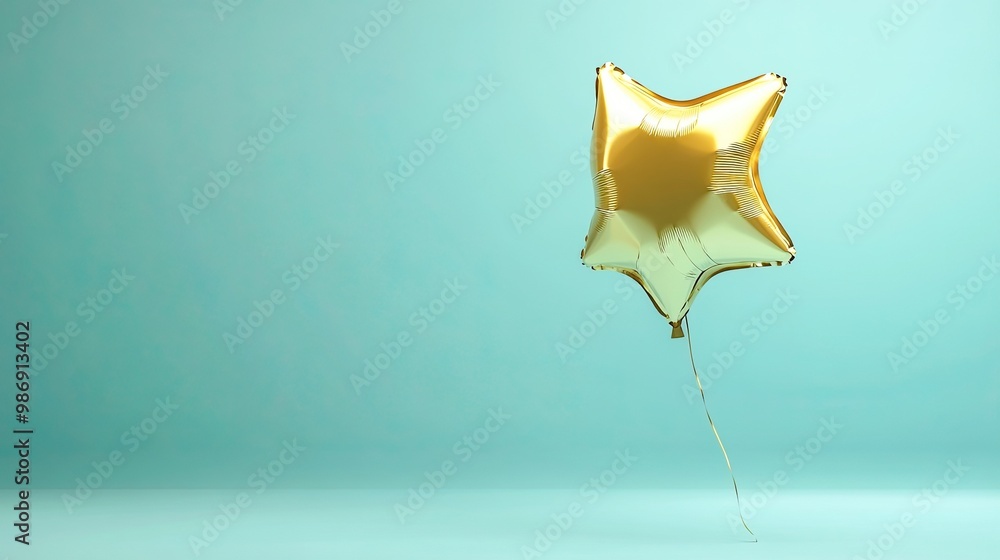 Gold star balloon for party celebrations and festive occasions, floating in a minimalist design. 3D rendering. Gold star balloon for party celebrations and festive occasions, floating in a minimalist design. 3D rendering.