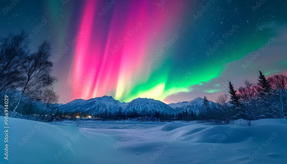 The Northern Lights illuminating the night sky with shades of green, pink, and purple over a snow-covered landscape The Northern Lights illuminating the night sky with shades of green, pink, and purple over a snow-covered landscape