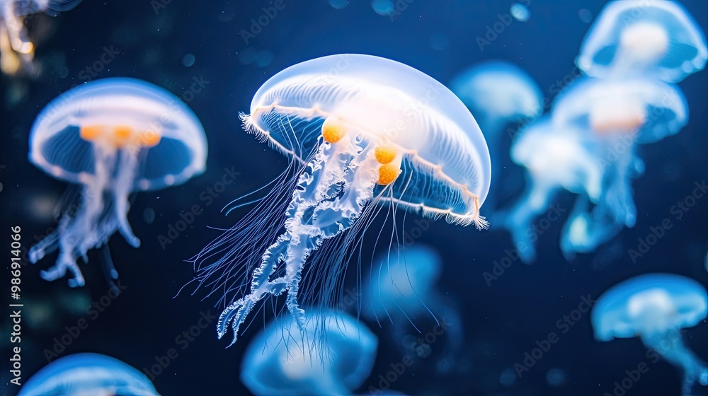 Gracefully Floating Jellyfish in the Deep Blue Ocean Illuminated by Sunlight: Ethereal Jellyfish Swimming in Sunlit Deep Ocean, Creating a Magical Underwater Scene. Gracefully Floating Jellyfish in the Deep Blue Ocean Illuminated by Sunlight: Ethereal Jellyfish Swimming in Sunlit Deep Ocean, Creating a Magical Underwater Scene.