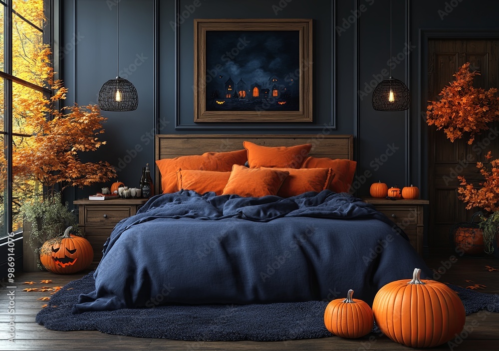 Obraz premium halloween pumpkin on a bed