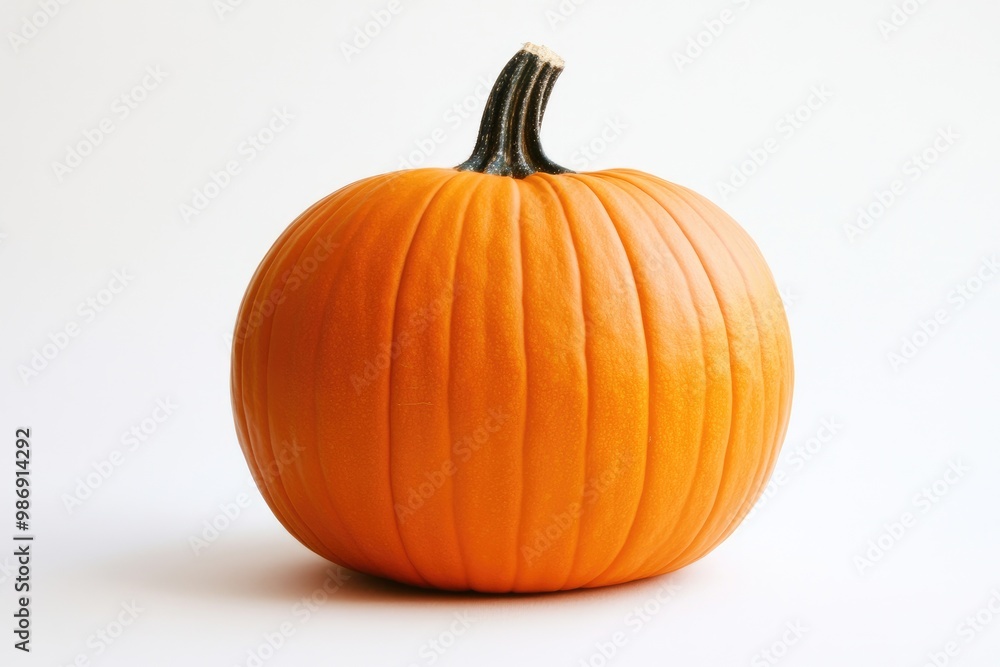 A Single Orange Pumpkin with a Dark Stem on a White Background A Single Orange Pumpkin with a Dark Stem on a White Background