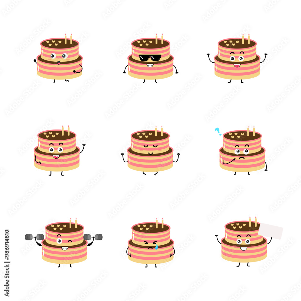 Cute birthday cake character. collection of isolated cartoon illustrations Cute birthday cake character. collection of isolated cartoon illustrations