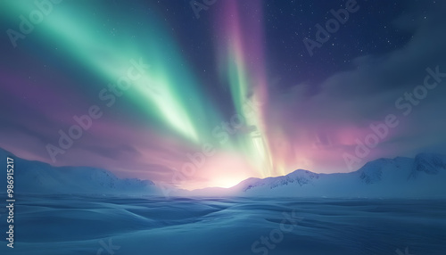 Wallpaper Mural The Northern Lights illuminating the night sky with shades of green, pink, and purple over a snow-covered landscape Torontodigital.ca