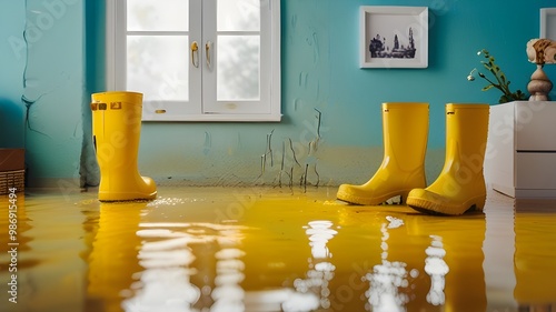 Yellow rain boots in a flooded room with reflections on the water, evoking themes of weather, resilience, and recovery. A unique and creative composition that captures a sense of contrast and adaptati photo