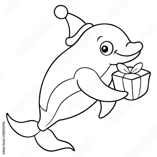 Dolphin's Christmas Cheer: A playful dolphin, sporting a Santa hat, delivers holiday joy with a present in hand, ready for coloring. 