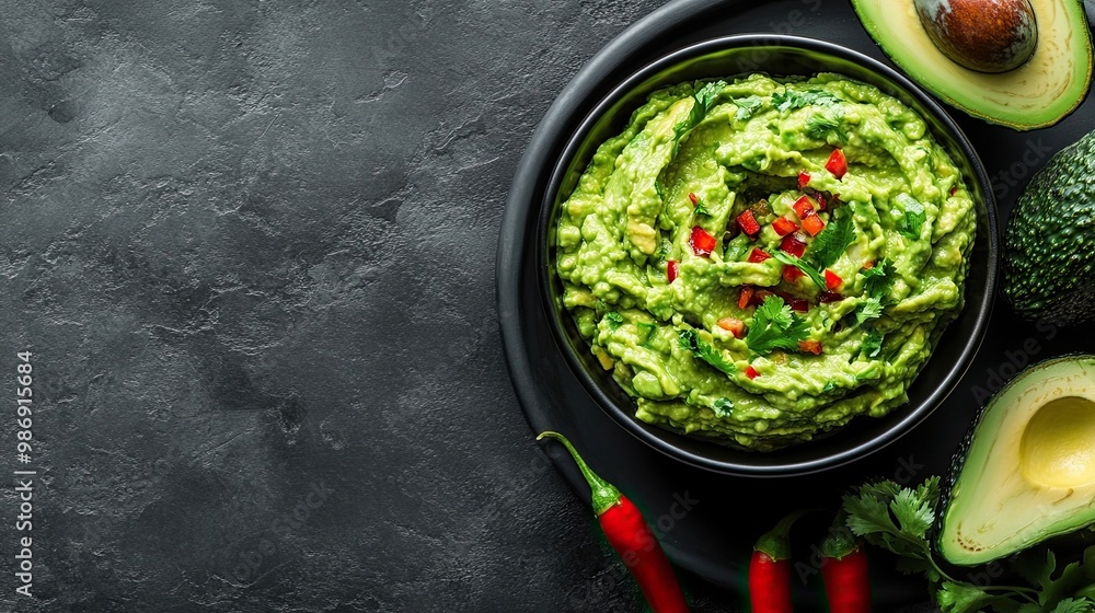 Guacamole, a traditional Latin American dish made from avocados, commonly topped with hot chili peppers, suitable for food photography with ample copy space. Guacamole, a traditional Latin American dish made from avocados, commonly topped with hot chili peppers, suitable for food photography with ample copy space.