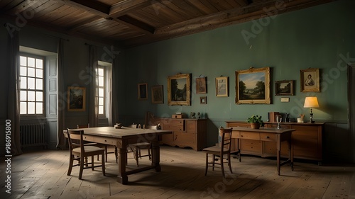 Vintage classroom interior with wooden furniture, a blackboard, and framed pictures on the walls, bathed in soft natural light. A nostalgic, academic space with a serene atmosphere and historical elem photo