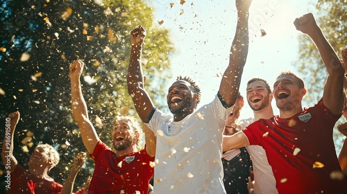 Football cup with soccer team players celebrating their victory. photo