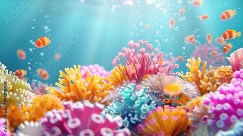 A vibrant underwater scene featuring colorful coral and small fish, illuminated by gentle sunlight filtering through the water. photo