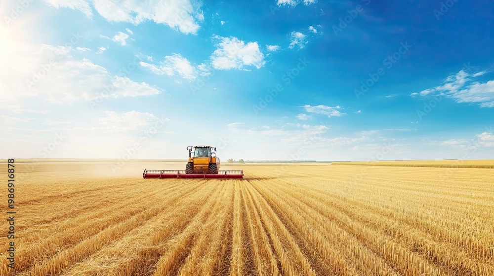 Harvest machine at work in a vast field under a bright blue sky, showcasing agricultural activity during harvest season, with focus on productivity and abundance. Harvest machine at work in a vast field under a bright blue sky, showcasing agricultural activity during harvest season, with focus on productivity and abundance.