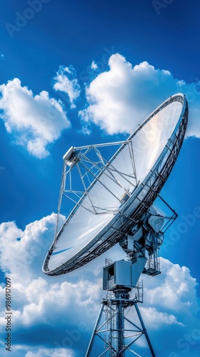 Satellite dish antenna against a clear blue sky with fluffy clouds, symbolizing communication and technology.