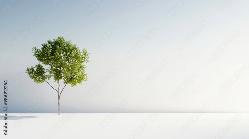 Obraz premium Lone green tree on a minimalist white background, representing nature's simplicity and tranquility.