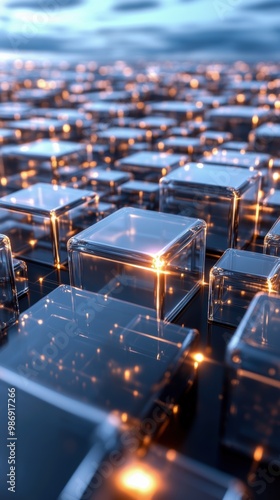 Futuristic abstract grid of glowing glass cubes, intricate texture, and shimmering reflections against a dynamic blurred backdrop.