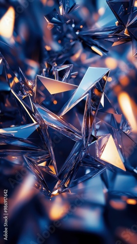 Abstract geometric shapes with reflective surfaces creating a vibrant, futuristic pattern.