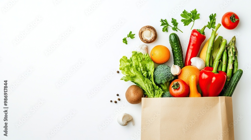 Healthy Food Delivery Background: Paper bag filled with vegan and vegetarian food on a white background, representing healthy food delivery options. Healthy Food Delivery Background: Paper bag filled with vegan and vegetarian food on a white background, representing healthy food delivery options.