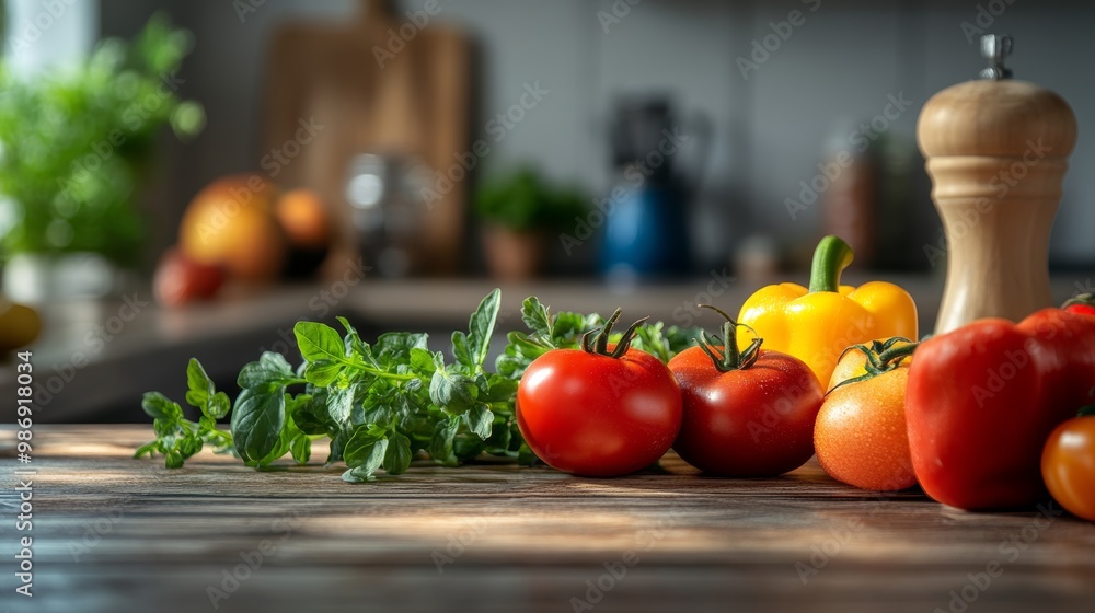 A rustic wooden kitchen counter filled with fresh vegetables, perfect for product display or food-related advertisements. The blurred kitchen background adds depth and focus to the products
