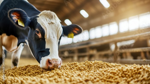 A cow feeding on grains in a barn, showcasing the essence of farm life and agricultural practices.