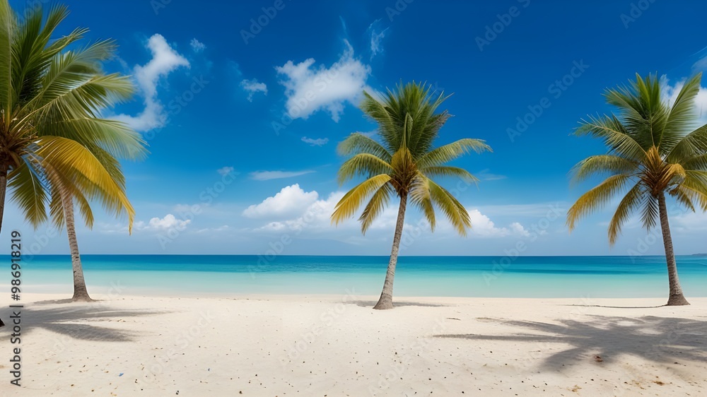 New Beach with Palm Trees and Blue Sky Creating a Scenic and Relaxing Vacation Getaway for Tranquil Coastal Living New Beach with Palm Trees and Blue Sky Creating a Scenic and Relaxing Vacation Getaway for Tranquil Coastal Living