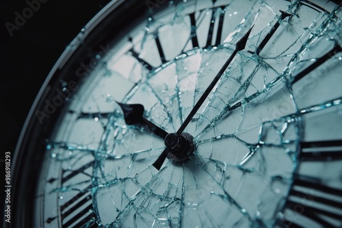 Close-up of shattered clock face with broken glass and visible roman numerals