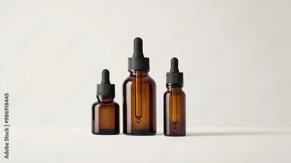 Assorted brown glass bottles with black caps, one featuring a dropper, against a white backdrop, displaying packaging variety. Assorted brown glass bottles with black caps, one featuring a dropper, against a white backdrop, displaying packaging variety.