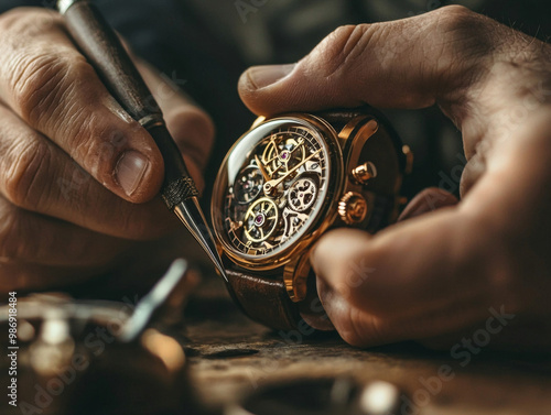 A man is working on a watch, carefully adjusting the gears and springs