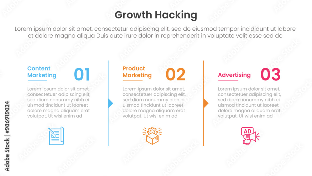 Fototapeta premium growth hacking infographic 3 point with column separation with arrow outline for slide presentation