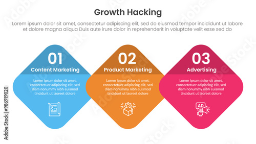 growth hacking infographic 3 point with round diamond on horizontal direction for slide presentation