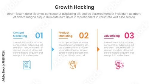growth hacking infographic 3 point with column separation with arrow outline for slide presentation