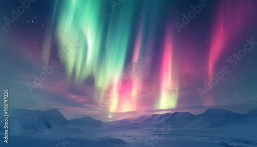 The Northern Lights illuminating the night sky with shades of green, pink, and purple over a snow-covered landscape