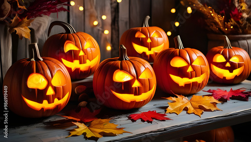 Rustic Charm Meets Spooky Halloween Pumpkins. Glowing Faces of Halloween on a Wooden Table photo